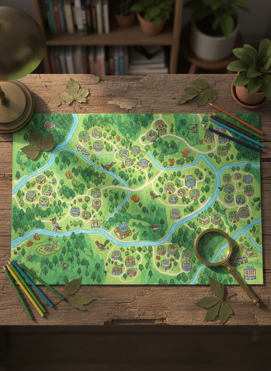 An overhead, photographic view of a large, hand-drawn map of an imaginary town spread across a rustic wooden table, showing tree-filled parks, meandering rivers, and small clusters of eco-friendly buildings. The map is illustrated in bright, marker-like colors with bold green forests and tiny, detailed icons of birds, squirrels, and butterflies. Around the edges sit colored pencils, leaf samples, and a magnifying glass catching a glint of warm desk lamp light. Soft, focused lighting from the lamp creates gentle shadows and highlights the paper’s slight texture. The composition is centered and tidy, with sharp focus on the map and a softly blurred background, capturing a playful, optimistic atmosphere of reimagining progress in harmony with nature.