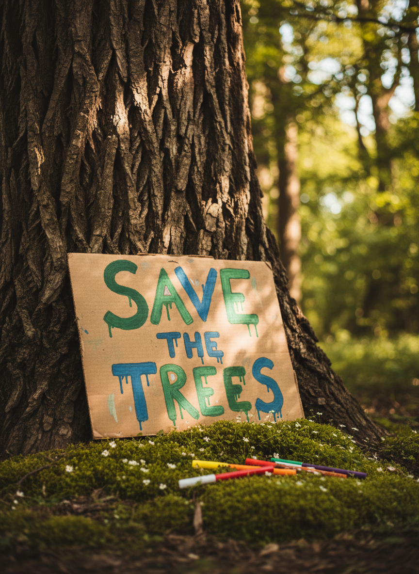 A close-up, photographic shot of a handmade cardboard protest sign leaning against the base of a massive, deeply textured tree trunk. The sign, painted in cheerful, uneven green and blue letters reading “SAVE THE TREES,” rests on a patch of vibrant moss and tiny white wildflowers, with scattered colored markers lying nearby on the soft soil. Dappled afternoon sunlight filters through dense leaves above, creating playful patterns of light and shadow across the sign and bark. Shot from a low angle with shallow depth of field, the background forest dissolves into a soft, dreamy blur, producing a warm, hopeful atmosphere that blends childlike creativity with a strong environmental message.