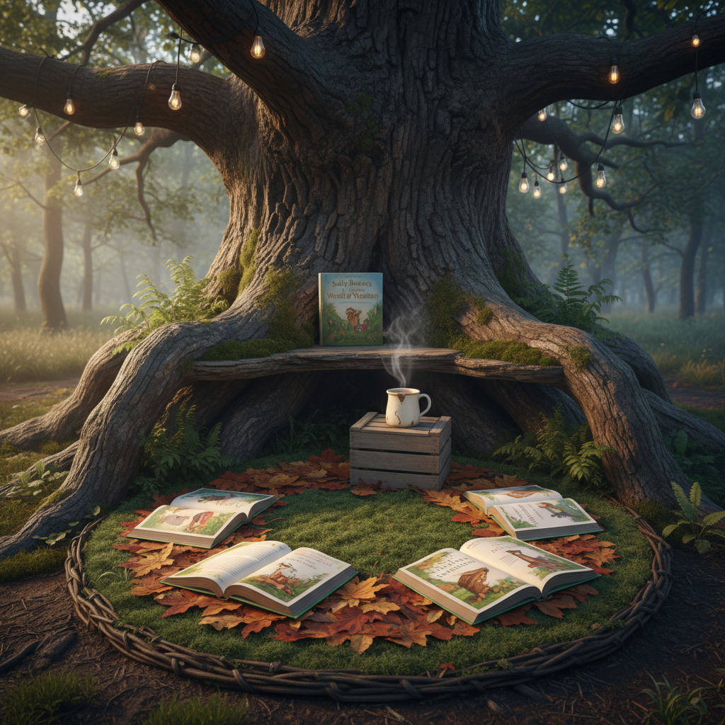 An inviting, whimsical woodland reading nook built around the base of a huge, gnarled oak tree, captured in photographic realism. A circle of well-loved, colorful children’s books about nature lies open on a thick, circular rug of fallen leaves and soft moss. Nearby, a small wooden crate serves as a low table holding a chipped ceramic mug of hot cocoa, rising steam visible in cool morning light. String lights are gently woven through lower branches, unlit in the soft, diffused daylight that filters through the canopy. Shot at eye level with a gentle vignette and moderate depth of field, the scene feels playful, cozy, and magical, inviting young readers into Sally Baxter’s world.